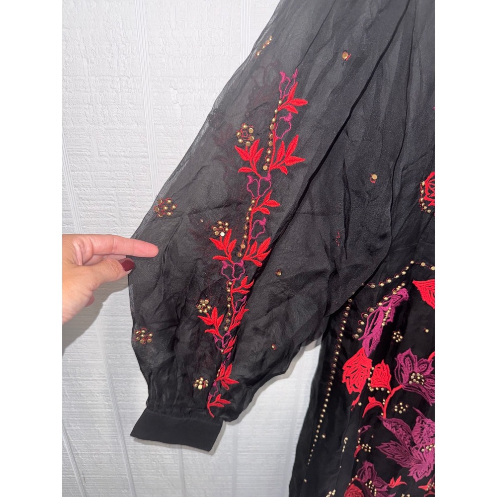Farm Rio Organza Midi Dress Womens Black Embroidered Beaded Long Sleeve M - Picture 4 of 9